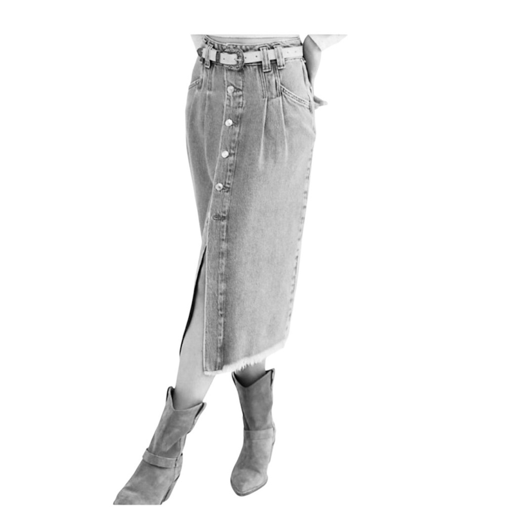 We The Free Distressed Acid Wash Gray Denim Pleated Button Down Midi Skirt 25